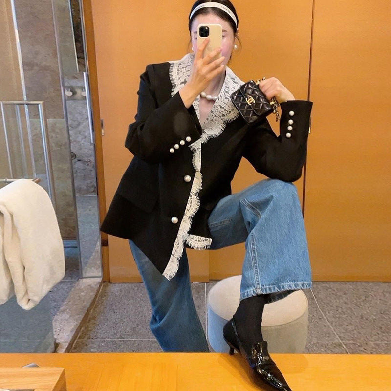 Pearl Button Lace Lace Lapel Blazer Women - kinko