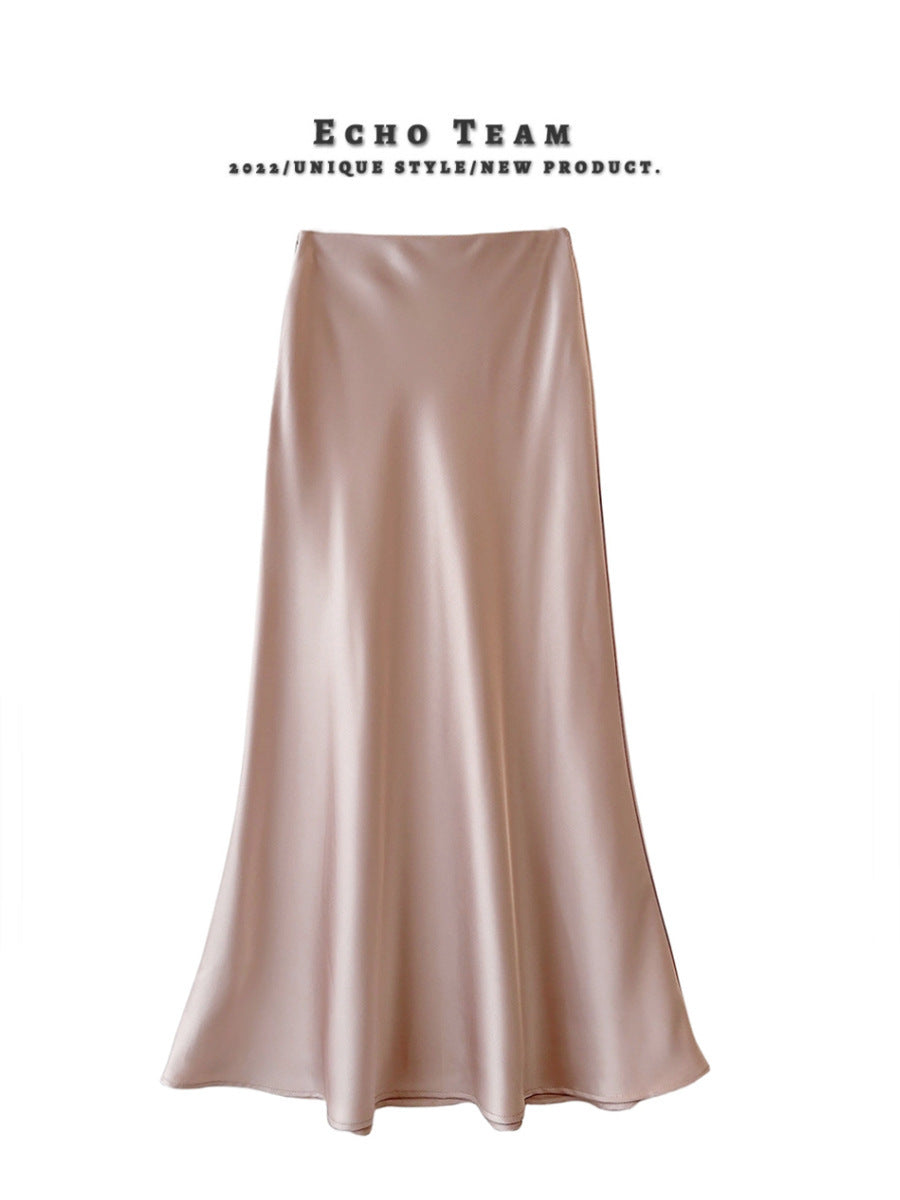 High Waist Slimming Mid-length Satin Acetate Silky Skirt - kinko