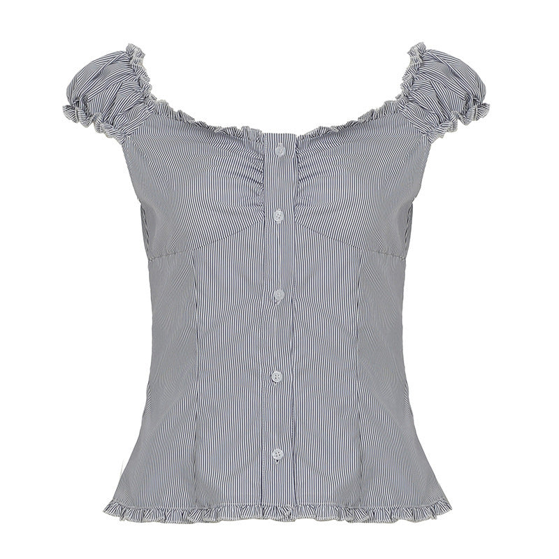 Sweet Slim Fit U-shaped French Wooden Ear Lace-collared Blouse - kinko