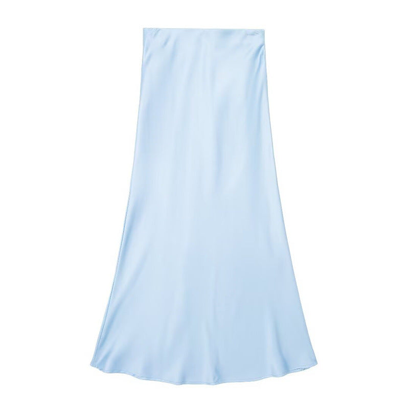 Solid Color Slim Silk Satin Texture Midi Skirt - kinko