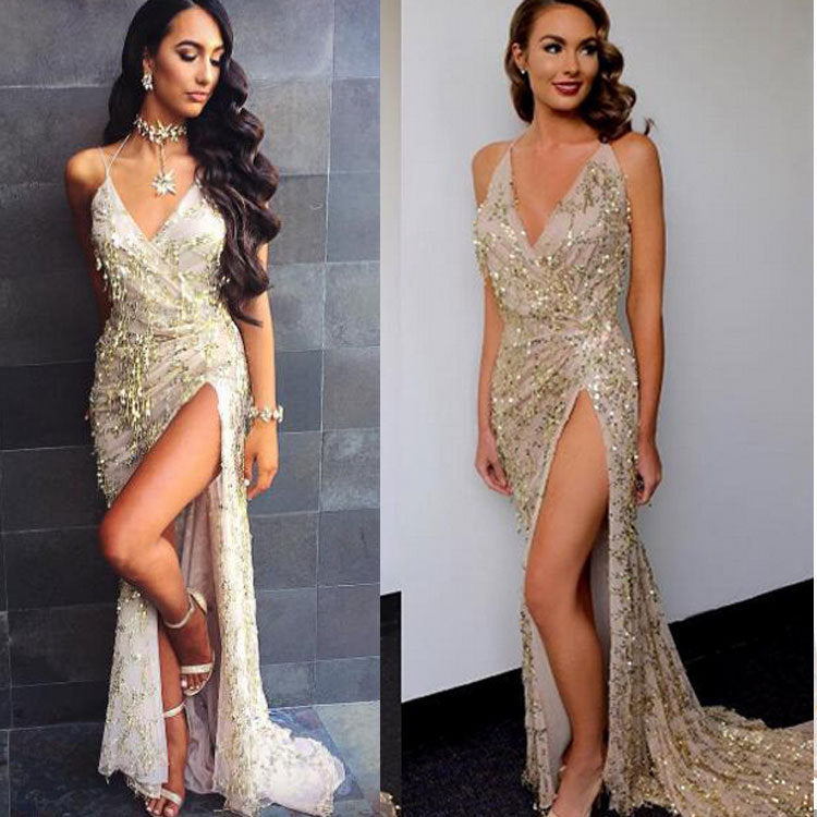 V-neck Sexy Halter Strap Sequin Dress - kinko