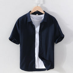 Men's Linen Short-sleeved Shirt Square Collar Casual Cotton And Linen - kinko