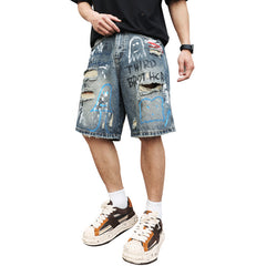 All-match Ripped Men's Jeans Shorts Trend Graffiti - kinko