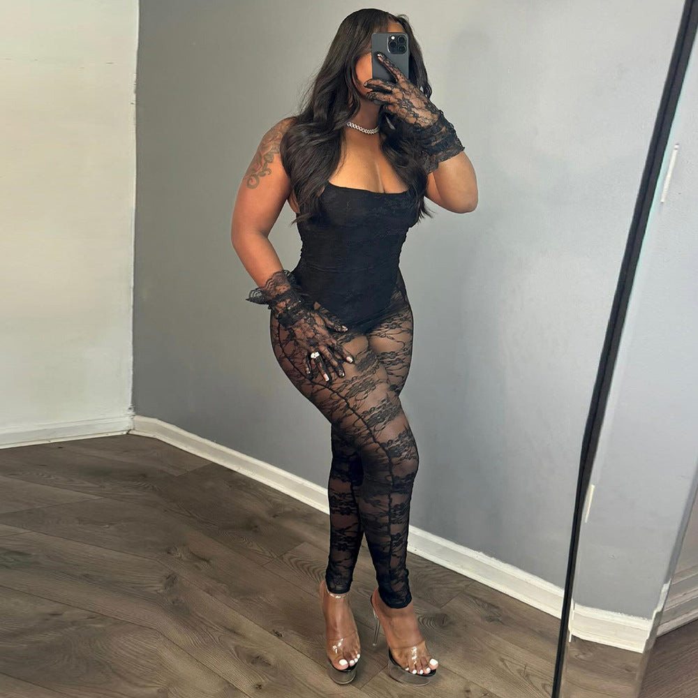 Sexy Women Clothing Sling Style Stitching Sheer Cutout High Elasticity Jumpsuit - kinko