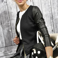 Female Outwear PU Leather Patchwork Spring Autumn Plaid Women Thin Coats Short Jackets Casual Slim Blazers Suit Cardigans - kinko