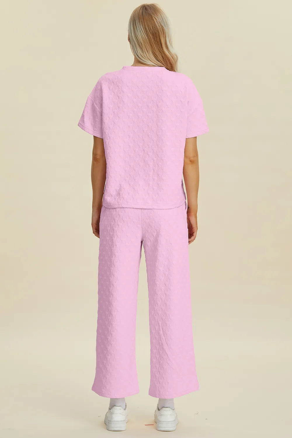Double Take Full Size Texture Round Neck Short Sleeve Top and Pants Set - kinko