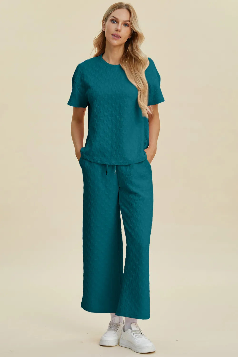 Double Take Full Size Texture Round Neck Short Sleeve Top and Pants Set - kinko