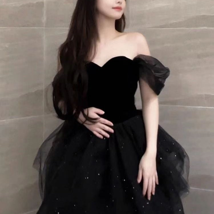 Black Evening Dress Light Luxury Minority French Style Pettiskirt - kinko