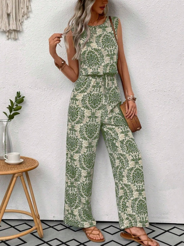 Printed Waist Cinching Casual Straight Leg Pants Set - kinko
