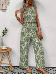Printed Waist Cinching Casual Straight Leg Pants Set - kinko