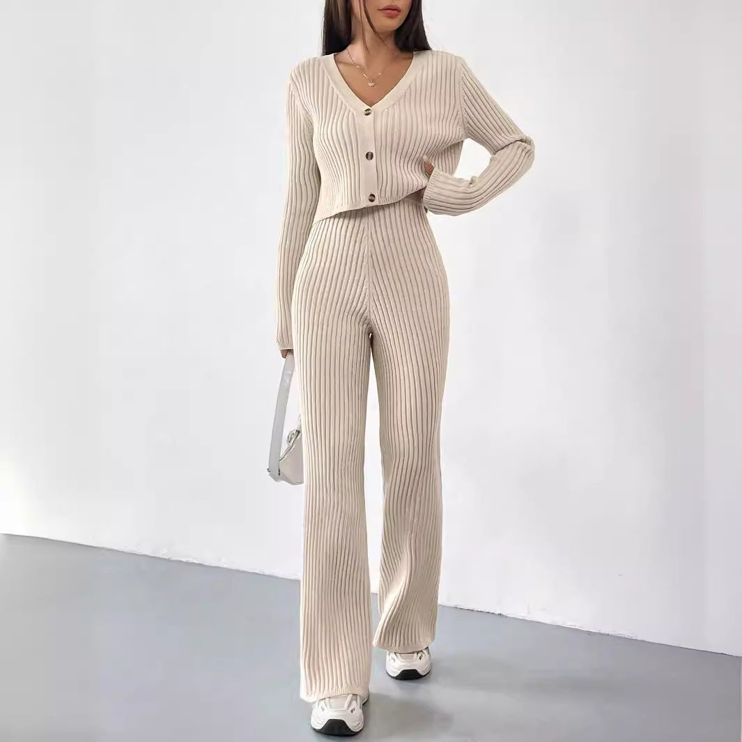Solid Color Knitted Two-piece Women's V-neck Short Knitted Cardigan Bootcut Trousers Versatile Casual Women's Clothing - kinko