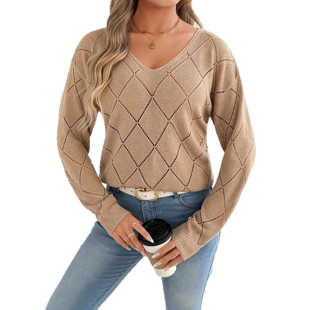 Solid Color And V-neck Sexy Cutout Plaid Long-sleeved Sweater Sweater - kinko