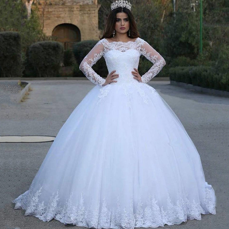 Cross-border Source White Vintage Lace Applique Wedding Dress - kinko