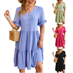 New V-neck Ruffle Short-sleeved Dress Summer Casual Fashion Button Jacquard Design Pleated Dresses Solid Color Womens Clothing - kinko