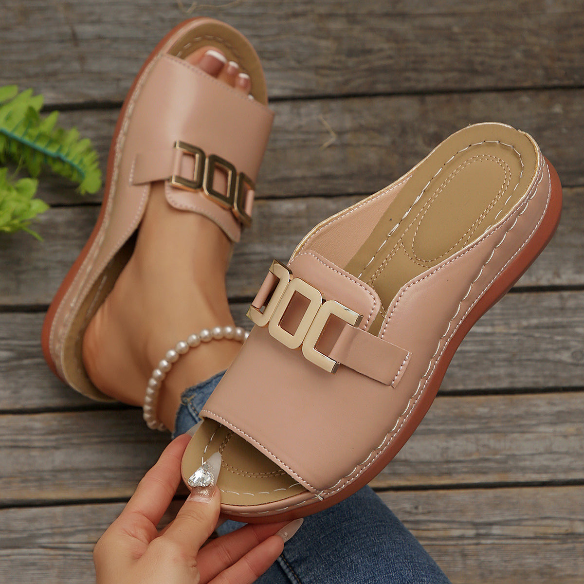 Southeast Asian Buckle Wedge Open Toe Slippers Women plus Size Metal Buckle Fish Mouth Beach Slippers - kinko Global Holdings inc