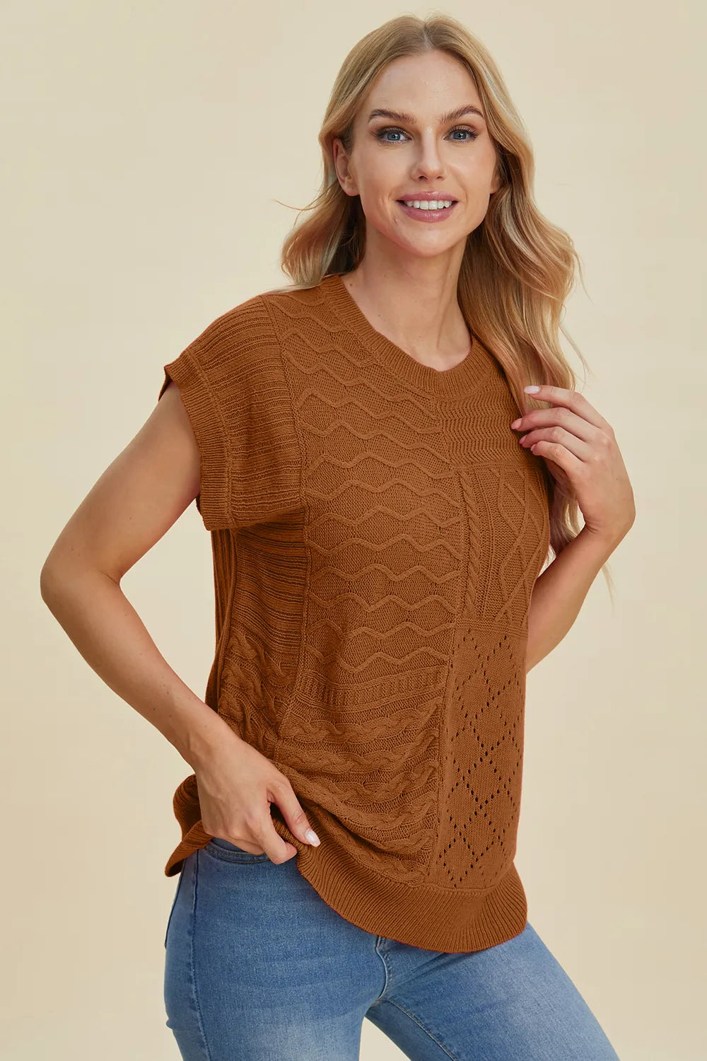 Double Take Full Size Cable-Knit Round Neck Cap Sleeve Sweater - kinko