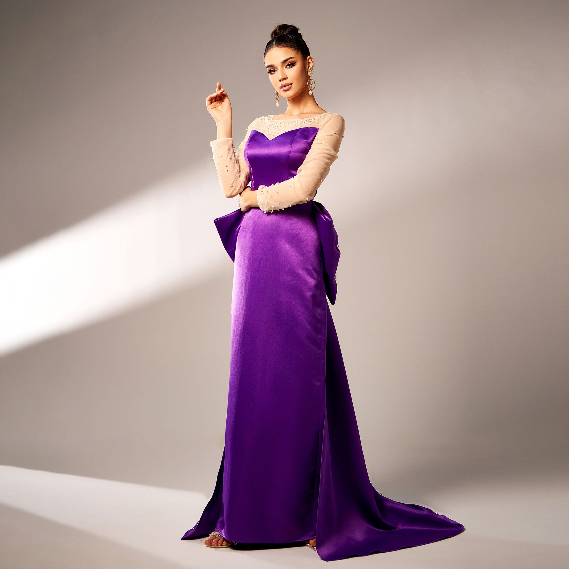 Long Sleeve Round Neck Party Beaded Big Bow Evening Dress - kinko