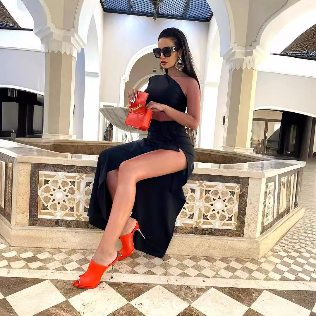 Women's Long Sleeved Hollow Slit Elastic Sloping Shoulder Dress - kinko