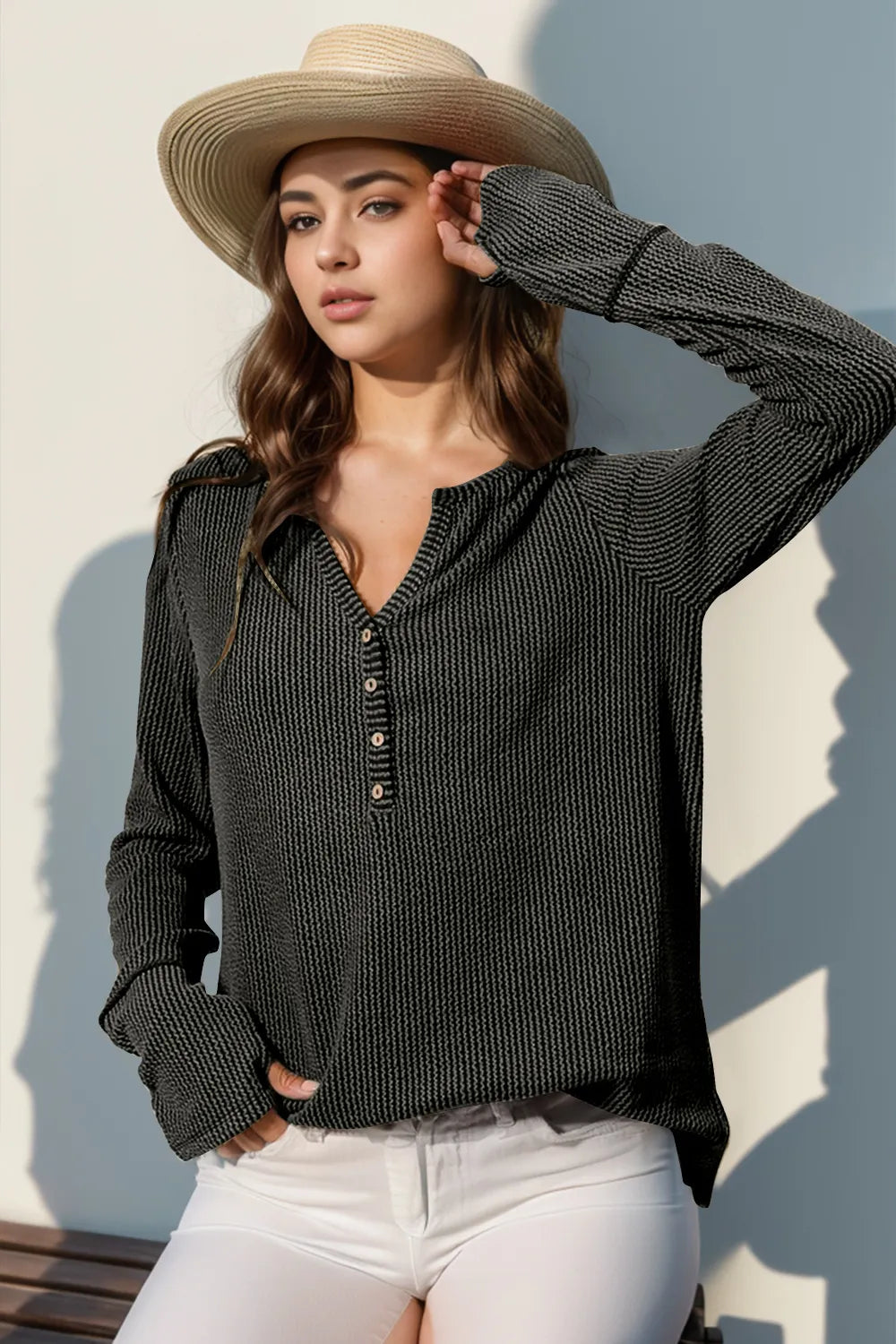 Double Take Full Size Notched Thumbhole Long Sleeve T-Shirt - kinko
