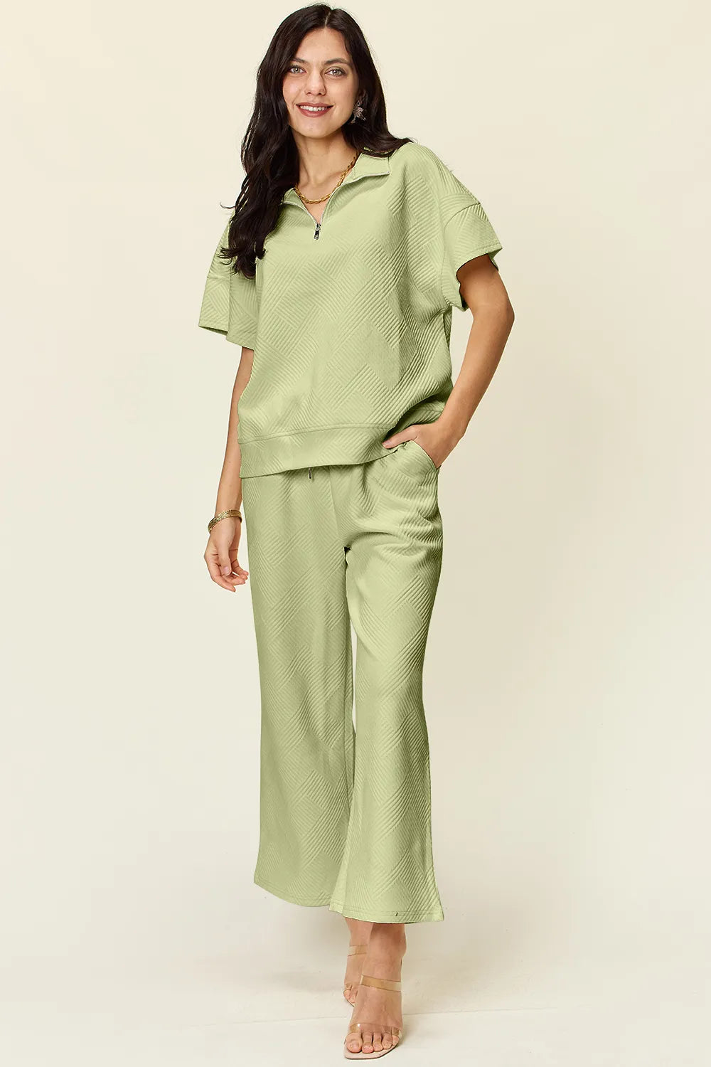 Double Take Full Size Texture Half Zip Short Sleeve Top and Pants Set - kinko
