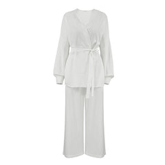Autumn Cotton Linen Pajamas Two Piece Set Cardigan Long Sleeve Pants Ladies Homewear