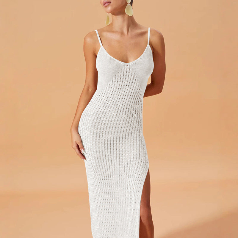 Solid Color Sling Dress Side Slit Summer Pure Want to Wear Seaside Women Knitted Dress Slim French Hip - kinko Global Holdings inc