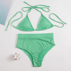 Shencai Sexy Solid Color Lace Up Halter High Waist Halter Bikini