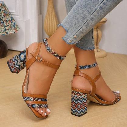 Square Toe Ankle Strap Open Toe High Heel Sandals Women Ethnic Chunky Heel Double Buckle Sandals - kinko Global Holdings inc
