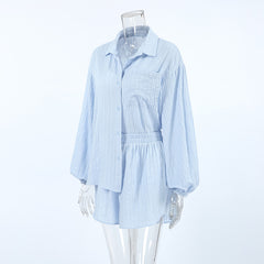 Simple Casual Cardigan Home Wear Pure Cotton Skin Friendly Breathable Long Sleeves Shorts Pajamas Two Piece Set