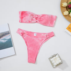 Sexy Tube Top Pink Blooming High Waist Bikini