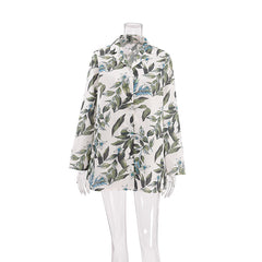 Spring Satin Printed Pajamas Two Piece Cardigan Long Sleeve Shorts Ladies Homewear