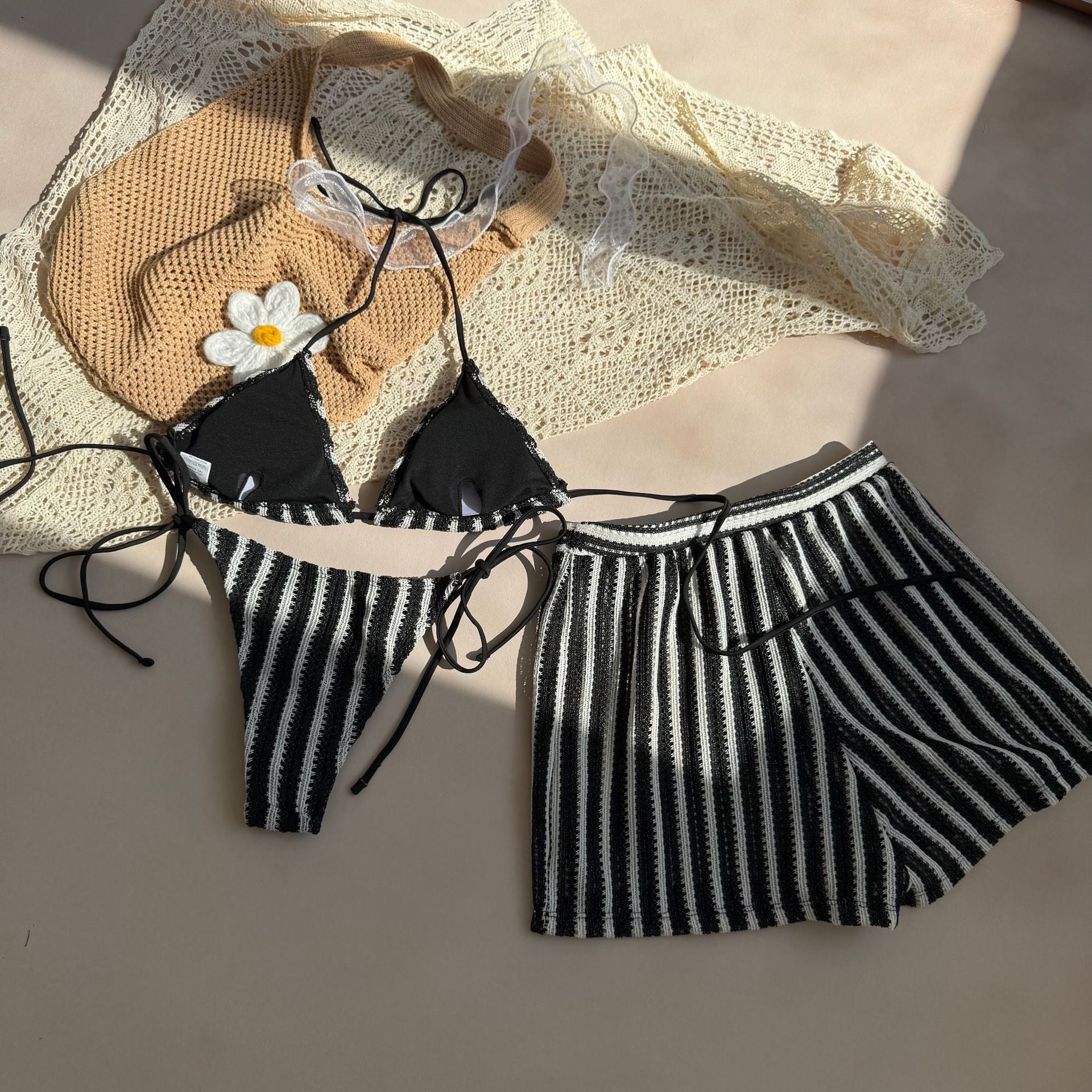 Sexy Lace up Striped Three Piece Swimsuit Bikini - kinko Global Holdings inc