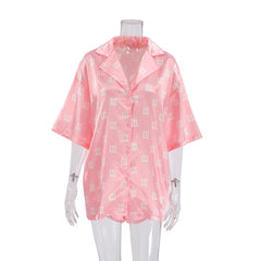 Satin Printed Cardigan Long Sleeve Shorts Pajamas Two Piece Set Soft Comfortable Ladies Homewear