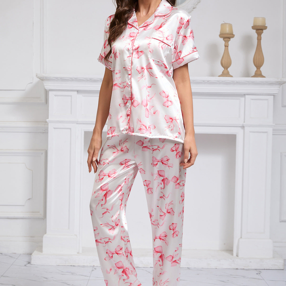 Satin Printed Pajamas Comfortable Homewear Short Sleeve Trousers Two Piece Sets Women Spring Summer Floral Satin Collared Artificial Silk - kinko Global Holdings inc