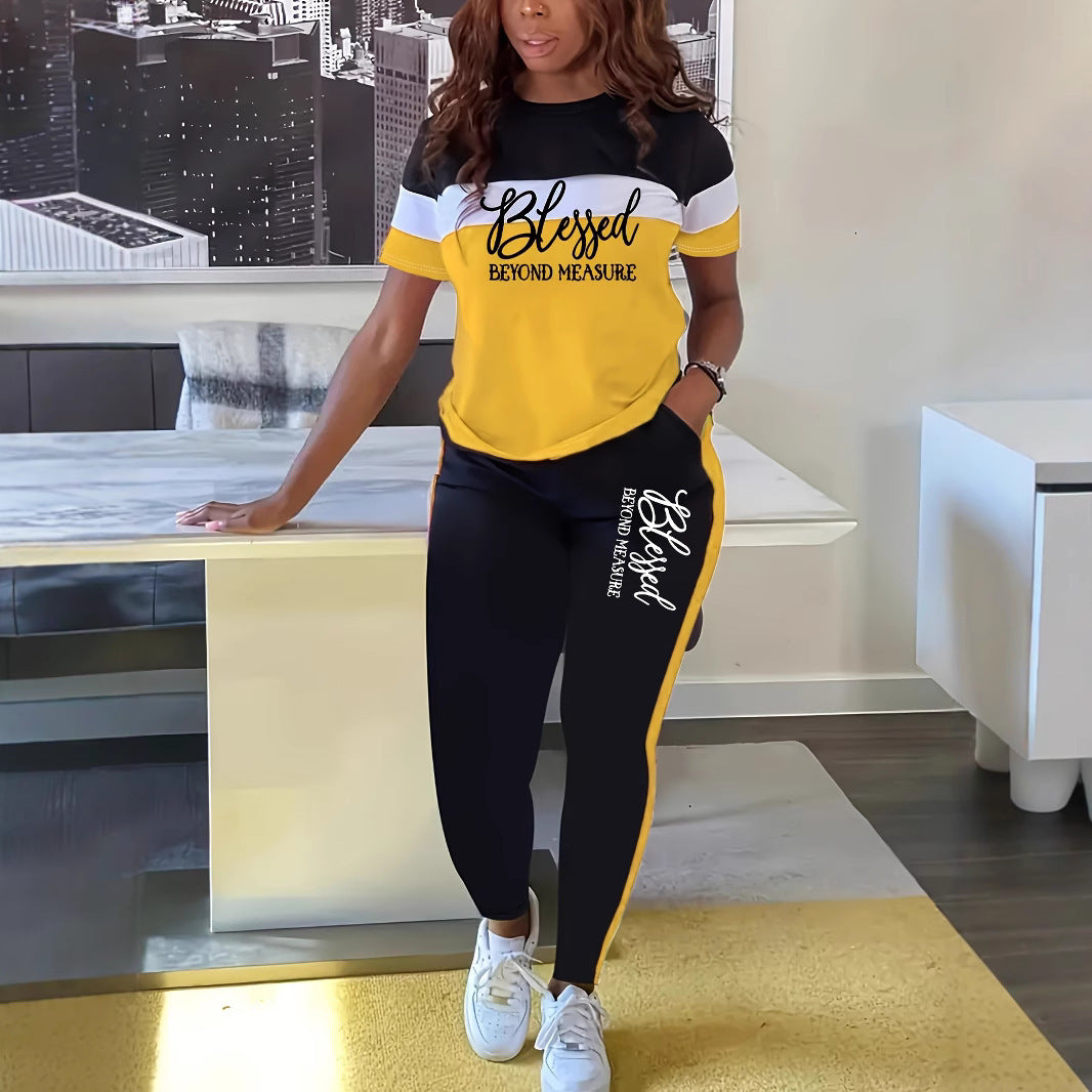 Contrast Color Striped Short Sleeve With Wide Leg Pants Suit - kinko