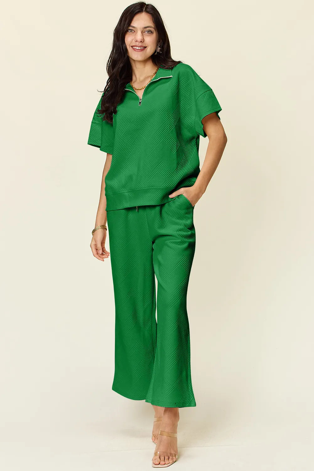 Double Take Full Size Texture Half Zip Short Sleeve Top and Pants Set - kinko