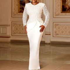 Elegant Lace Tassel Waist-controlled Long Sleeves Mop Dress - kinko