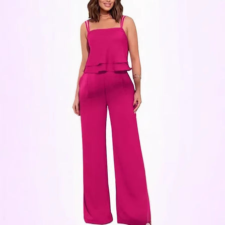 Sling Pure Color Ruffles Top Straight-leg Pants Fashion Suit - kinko