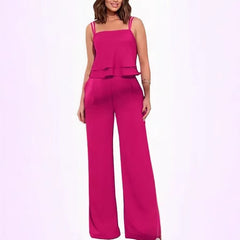 Sling Pure Color Ruffles Top Straight-leg Pants Fashion Suit - kinko