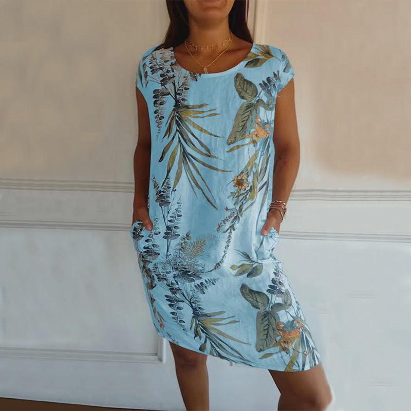 Flower And Leaf Printed Straight Dress Summer Loose Round Neck Short Sleeve Dresses Womens Clothing - kinko