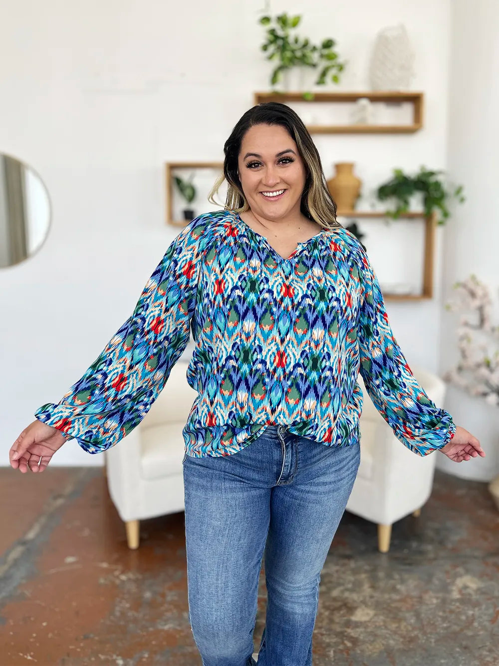 Double Take Full Size Printed Balloon Sleeve Blouse - kinko