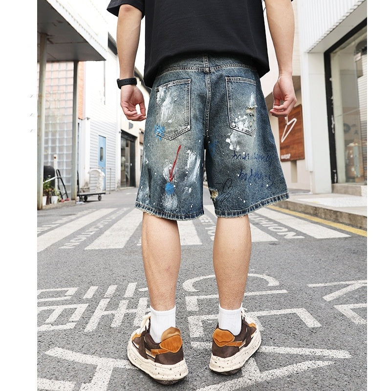 All-match Ripped Men's Jeans Shorts Trend Graffiti - kinko