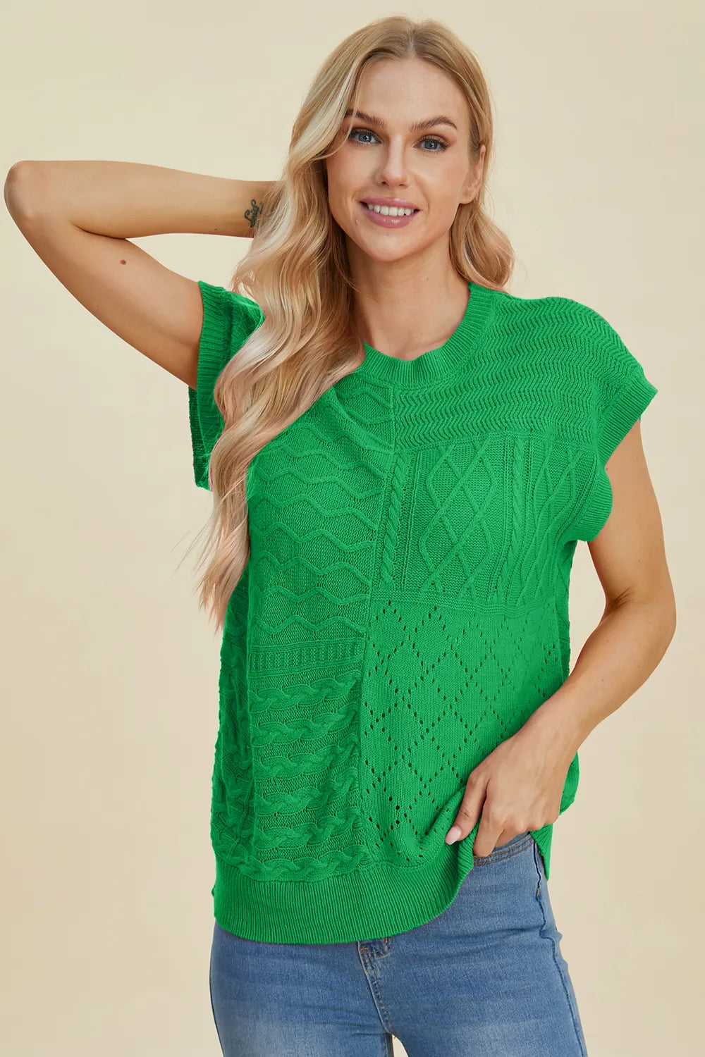 Double Take Full Size Cable-Knit Round Neck Cap Sleeve Sweater - kinko