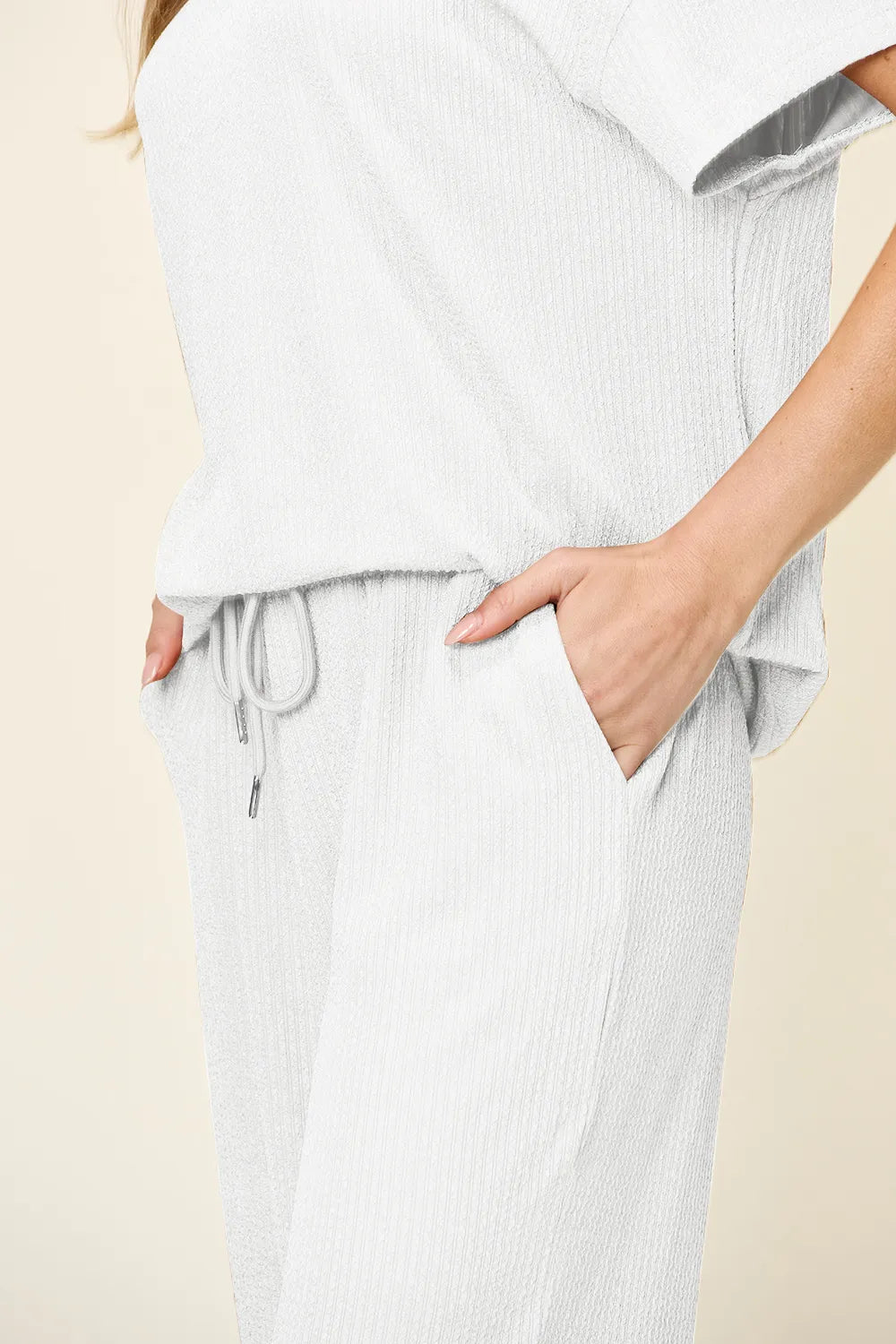 Double Take Full Size Texture Round Neck Short Sleeve T-Shirt and Wide Leg Pants - kinko