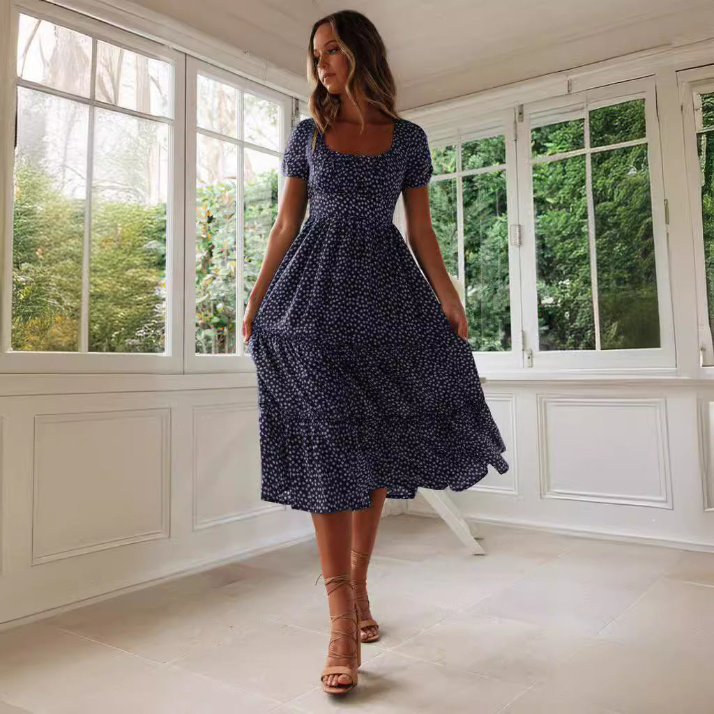 Square Collar Short Sleeve Dress Summer Puff Floral Printed Dress Long Dresses - kinko