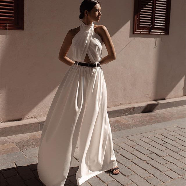 Polyester Women's Sexy Sleeveless Halter Backless Jumpsuit - kinko