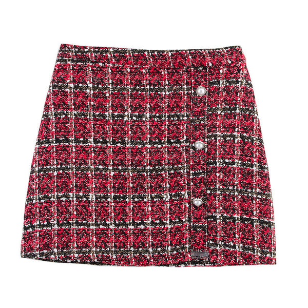 Women's Versatile Pearl Button Coarse Floral Plaid Half Skirt
