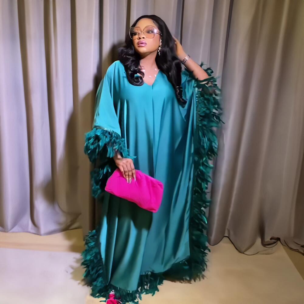 African Women's Loose Dress Luxury Fully Surrounded Light Feather Batwing Sleeve High Slit Robe - kinko