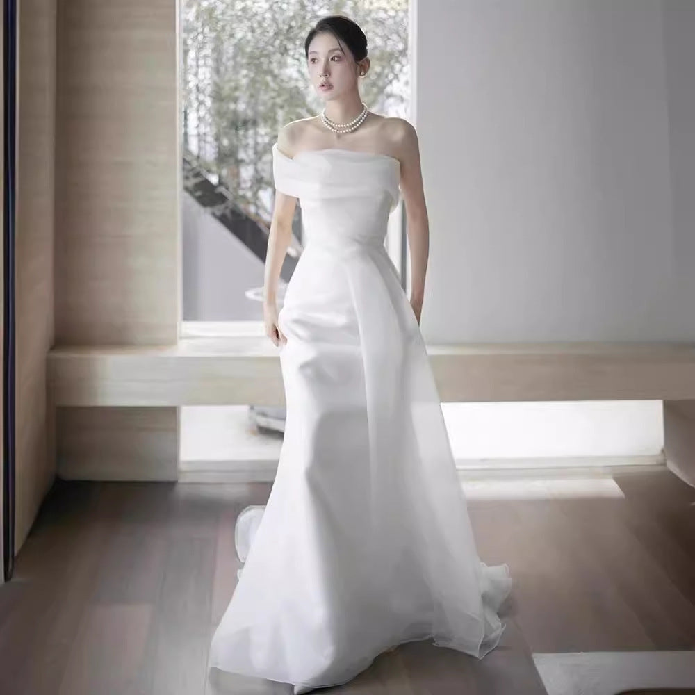 French Off-shoulder Light Wedding Dress Bride - kinko
