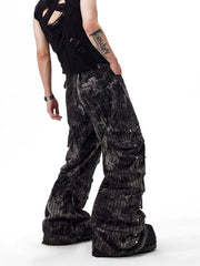Deconstructed Rivet Machete Jeans Men's Retro Wide Leg Mop Pants - kinko